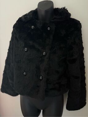 American Eagle Outfitters Black Faux Fur Double-Breasted Teddy Jacket